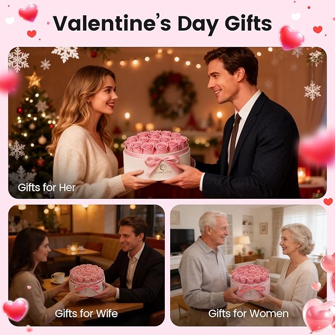 Valentines Day Flowers Roses Gifts for Her,28pcs Pink Forever Preserved Roses in Round Gift Box,Valentines Day Delivery Prime Gifts-Roses Gifts for Women,Mom.