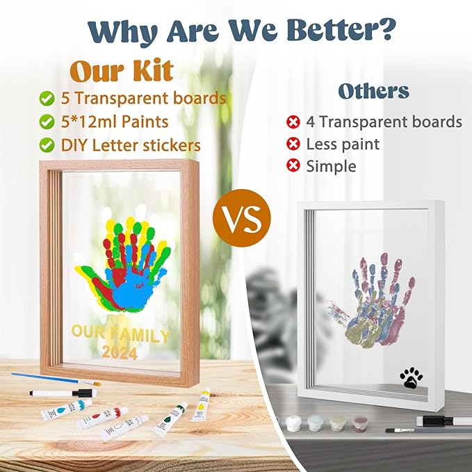 Bixinyo Family Handprint Kit - Baby Hand and Footprint Kit, Adoption Gifts, Family Gifts for New Parents, Christmas, New Mom, DIY Craft Keepsake Wooden Frame, 5 Non-Toxic Paints (Brown)