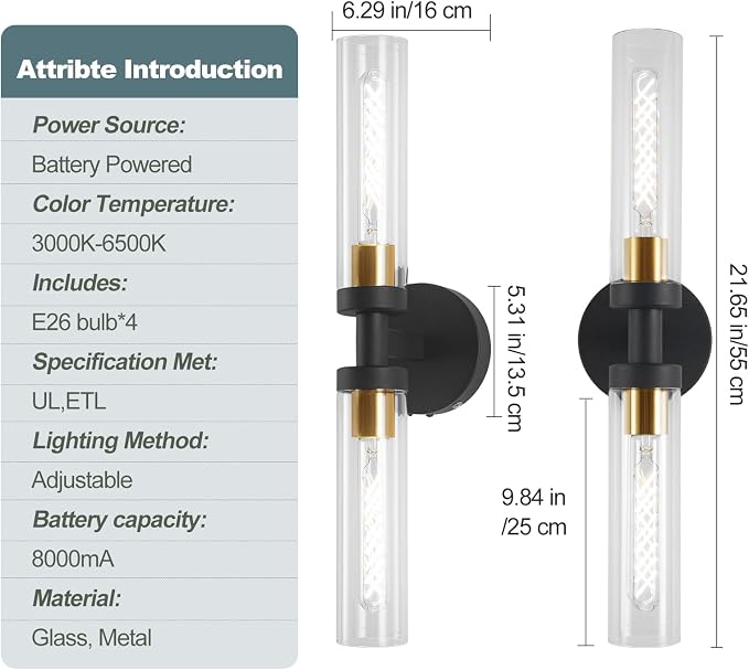 Battery Operated Wall Sconces, Wall Sconce Set of 2, 3000K-6500K Black Rechargeable Wall Lamp with Remote, Indoor Non-Hardwired Wall Lamps, Modern Vanity Light for Bedroom, Living Room, Aisle