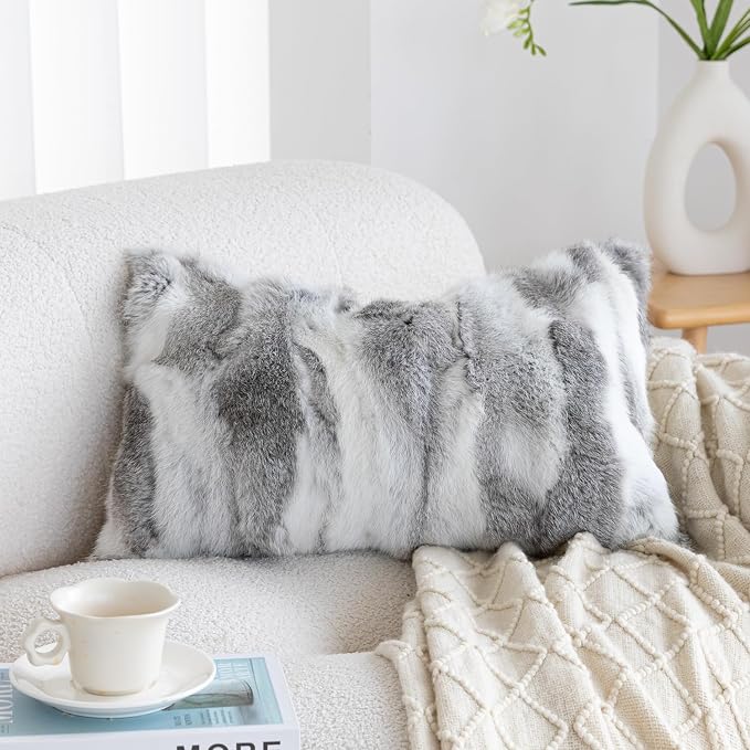 Genuine Rabbit Fur Pillow Covers Set of 2, Luxury Decorative Throw Pillowcases Fluffy Animal Skin Accents Bolster Cushion Cover for Couch Sofa Bedroom Living Room Home,12x20inch, Grey