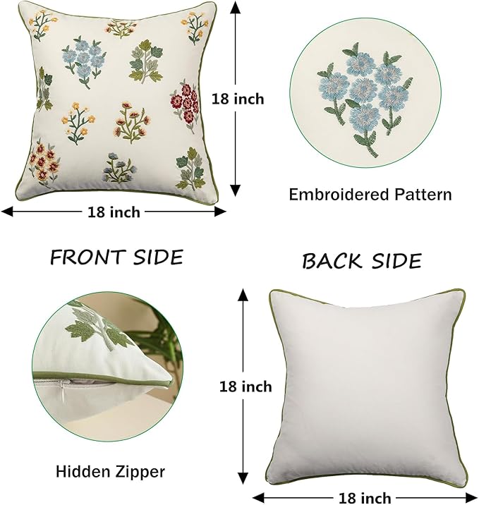 Embroidered Pillow Covers 18x18 inch Pack of 2 Multiflower Decorative Throw Pillow Covers Farmhouse Boho Pillowcases Spring Summer Pillow Cushion Cases Home Decor Square Floral Pillow Case