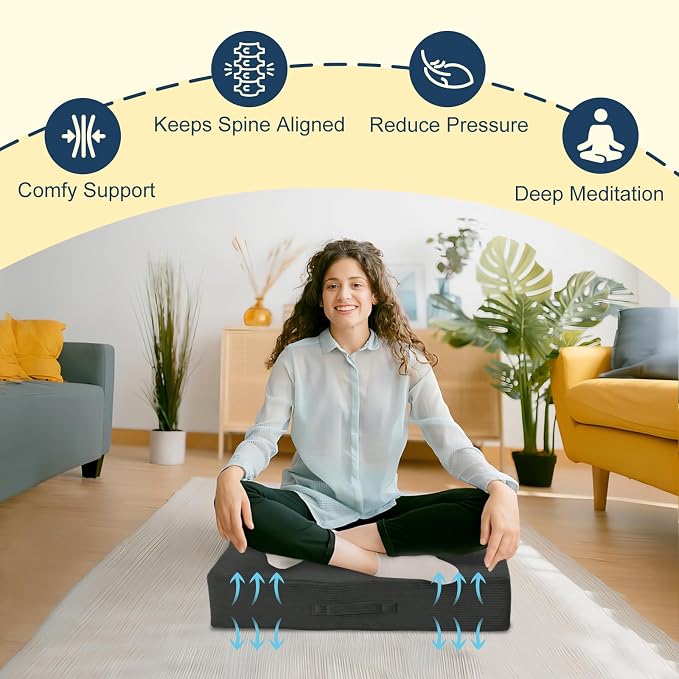 Wellsin Solid Square Floor Pillows for Adults Kids - Large Meditation Floor Pillow Seating Cushion with Thick Foam & Washable Velvet Cover, 2 Pack, 22x22x5 Inch, Gray