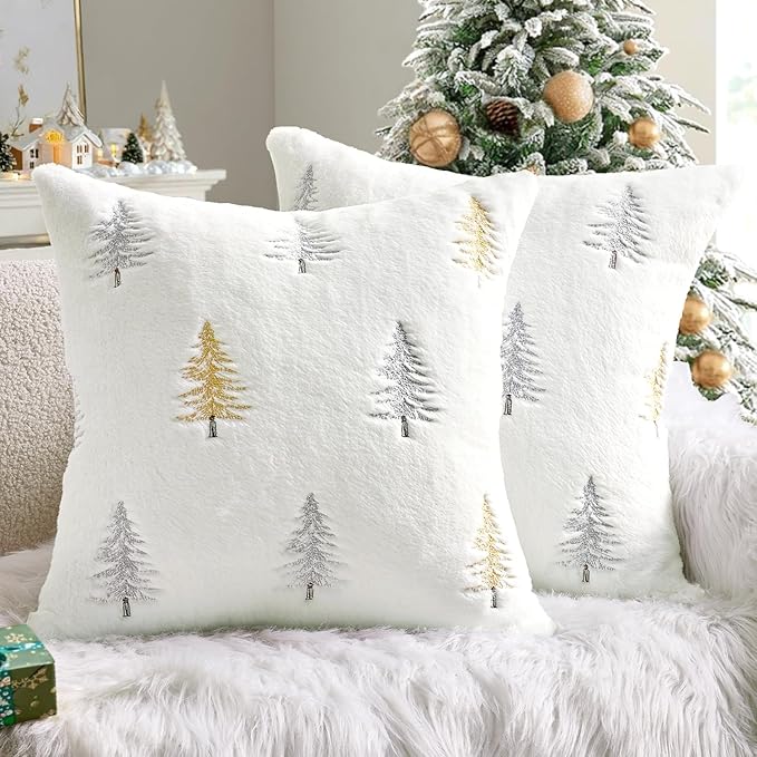 MIULEE Christmas Decorative Pillow Covers Set of 2 Faux Fur Throw Pillows with Embroidered Christmas Tree 18x18 Inch White Gold Winter Couch Covers for Festival Sofa Bedroom Living Room Home Decor