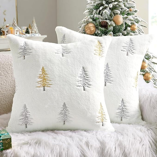 MIULEE Christmas Decorative Pillow Covers Set of 2 Faux Fur Throw Pillows with Embroidered Christmas Tree 18x18 Inch White Gold Winter Couch Covers for Festival Sofa Bedroom Living Room Home Decor