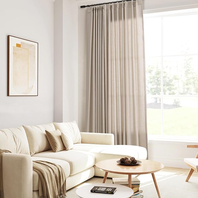 Guken Light Khaki Pinch Pleated Linen Curtains 84 Inch Length 2 Panels Set for Living Room Bedroom Neutral Modern Farmhouse Boho Light Filtering Semi Sheer Back Tab Draps with Hooks Rings 40x84