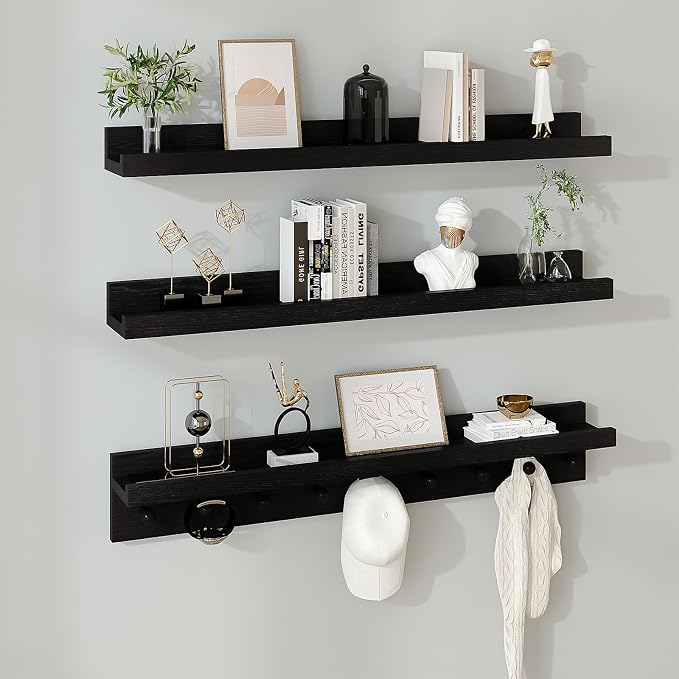 MBYD Solid Wood Black Floating Shelves for Entryway, 36 Inch Wall Shelf with Hooks & Wooden Pegs, Modern Versatile Picture Ledge to Organize Living Room, Bedroom, Declutter Items & Hang Keys, Bags