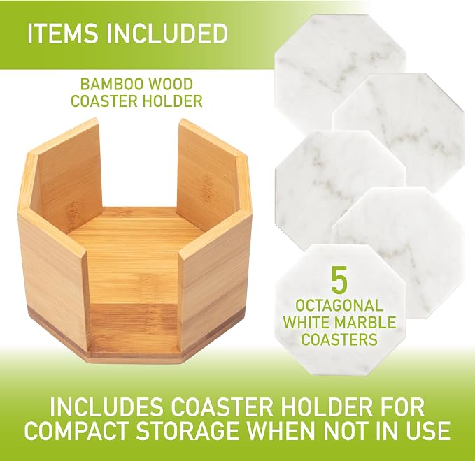 White Carrara Marble Coasters (Set of 5)- Durable, Thick Coasters w Coaster Holder for Easy Storage - Protects Any Table Type & Fits Any Mug, Drinking Glass, Barware -Great Wedding