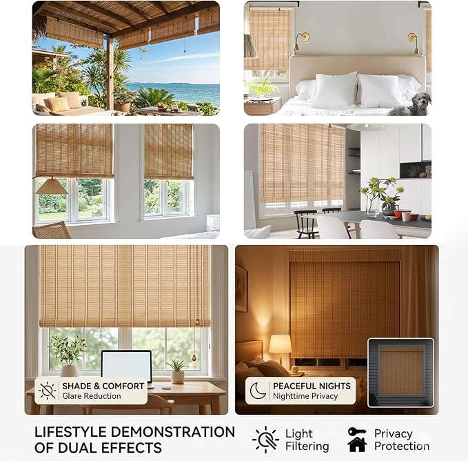 Bamboo Shades for Outdoor Patio, Custom Bamboo Blinds for Indoor Windows, Natural Woven Wood Window Blinds, Light-Filtering & Privacy Protection Roll Up Shades,Easy to Install