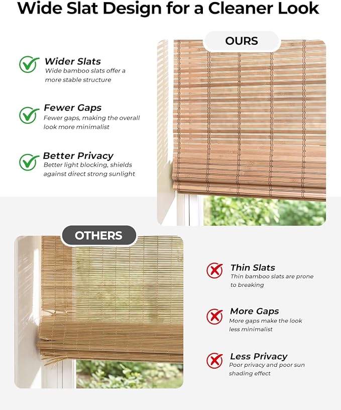 UNISHADES No Drill Cordless Bamboo Roman Shades, 43×64 in, Sand Tan | Natural material, Light Filtering, Easy Install