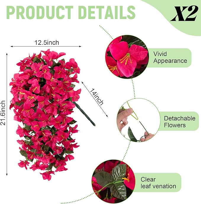 Fake Bougainvillea Artificial Flowers for Outdoors Decoration 2 pcs Faux Hanging Flowers Plants for Outdoor Planters UV Resistant Silk Bougainvillea Vines for Front Door Porch Urn Patio Garden