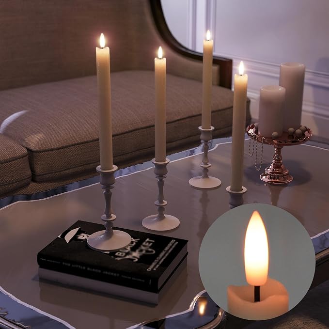 Rechargeable Flameless Taper Candles with Remote, Charging Base, 6 Pcs | 0.78x9.6" ivory wax LED tapers, 3D flicker, 2.5-hour USB-C charge, up to 160-hour runtime for Home Wedding Christmas Decor