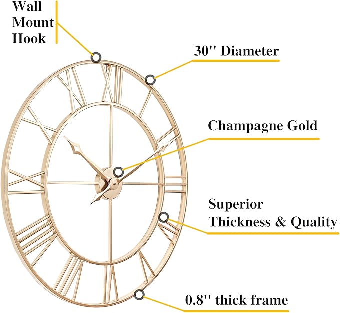 CLXEAST Champagne Gold 30 Inch Wall Clock,Large Modern Metal Roman Numeral Wall Clocks Living Room Decor,House Warming Gifts New Home