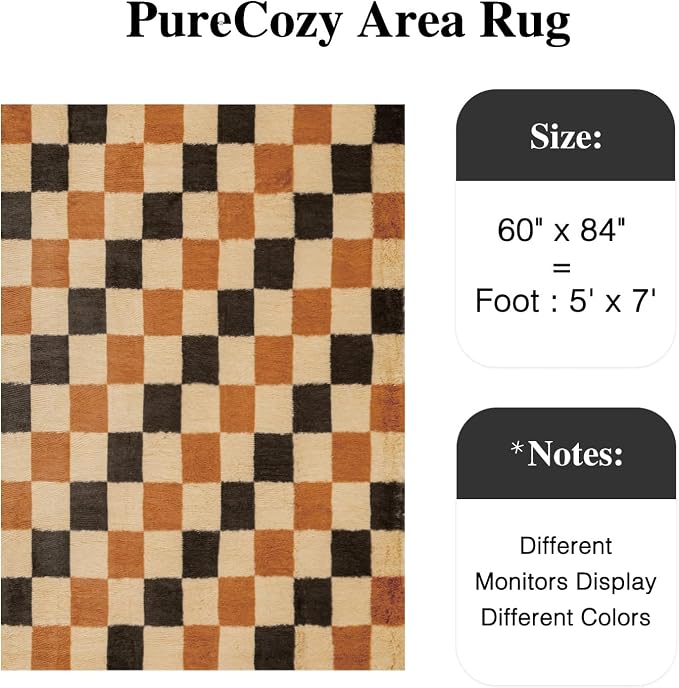 PureCozy Checkered Rug 5x7 for Living Room, Colorful Modern Shag Rug Super Soft Washable Indoor Fuzzy Carpet Non-Slip Fluffy Rugs for Bedroom Home Aesthetic Decor