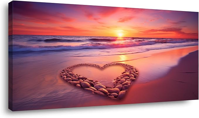 Ggaafet Romantic Love Beach Wall Art for Living Room Canvas Painting Prints Romance Sunset Red Sandbeach Art Deco Modern Artwork Office Bedroom Family Room Decor Large