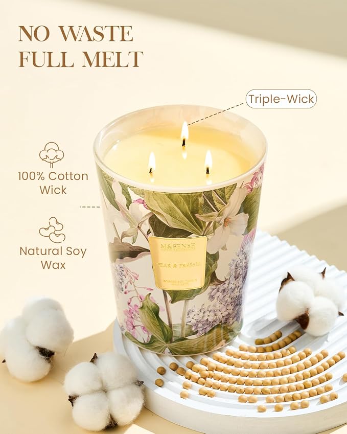 M&SENSE Pear Freesia Soy Candle, 35oz 3-Wick, Summer Gift for Women | 150H Long Burn, Non-Toxic, Large Jar, Living Room Fresh, Stress Relief Relaxing Housewarming Gift