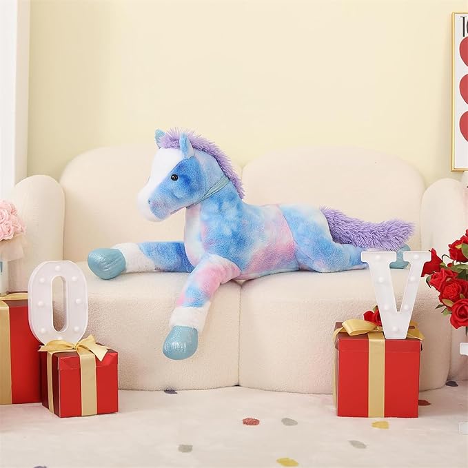 Tezituor 35 Inch Big Horse Stuffed Animals Plush Toy, Large Rainbow Stuffed Horse Toys Gift Soft Blue Pony Plush Body Pillow for Boys Girls