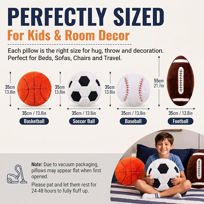 Juexica Sports Throw Pillows Fluffy Stuffed Soccer Basketball Baseball Pillow Plush Toy Sport Cushion for Room Decor Birthday Present(Medium,Assorted Color,4)