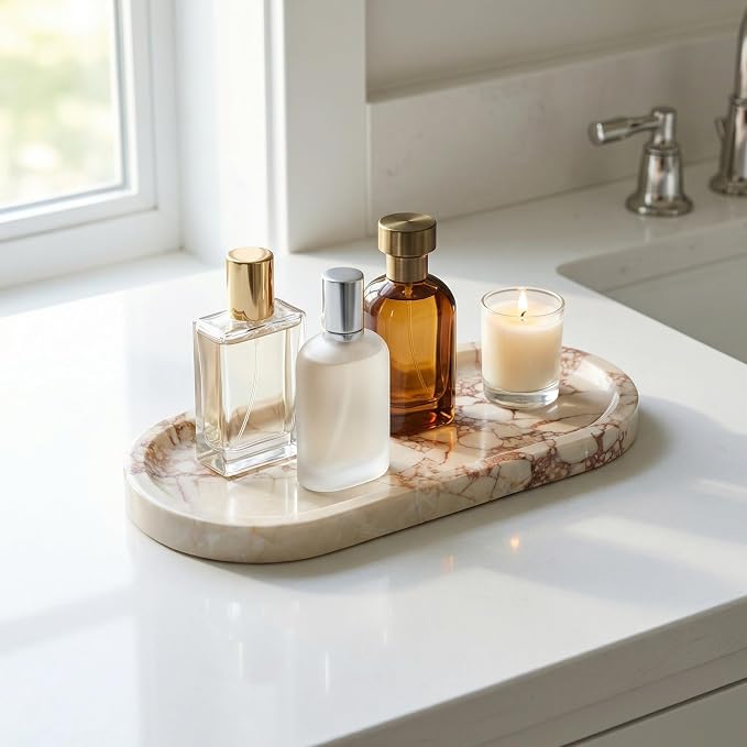 OOBOOB Oval Natural Marble Bathroom Tray for Decor Countertop, Marble Vanity Tray for Candles Perfume, Jewelry, Cosmetics, Elegant Vanity Organizer for Jewelry, Perfume