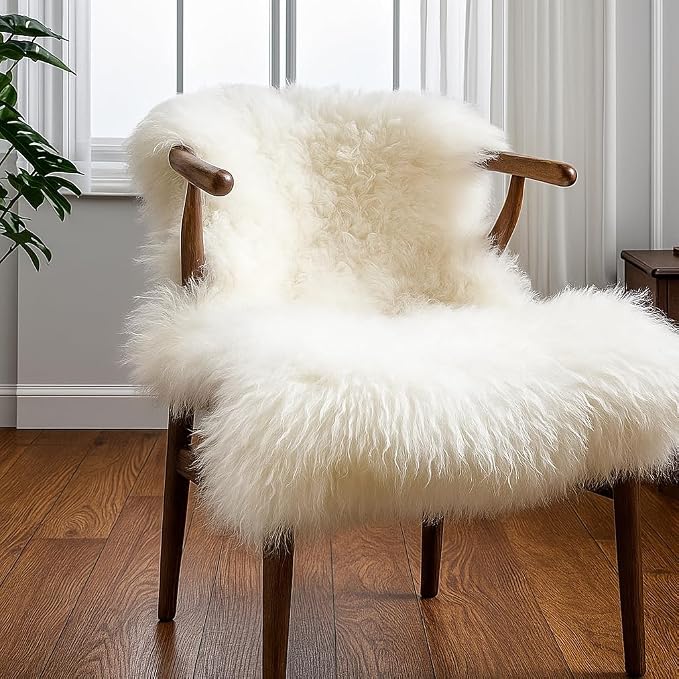 Genuine Sheepskin Rug – New Zealand Sheep Skin Fluffy Soft Single Pelt Lambskin for Bdroom, Living Room, Sofa, Chair, Bedside – Natural Ivory White Area Rug (2 x 3 ft)