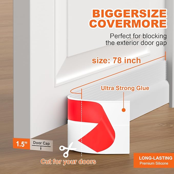 Door Draft Stopper, Door Sweep for Bottom of Door, Weather Stripping Door Seal Gap Filler Bottom Blocker Soundproof Cold Air Insulation Save Energy Installs Quickly and Easily (White, 78‘’)