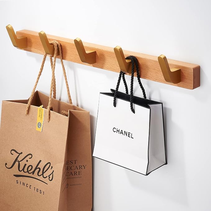 Coat Rack Wall Mounted,Beech Wood Heavy Duty Wall Hooks, Metal Coat Hook Rail with 5 Hooks for Hanging Coats, Backpacks, Dog Leashes, Entryway, Bathroom, Bedroom, Closet Room