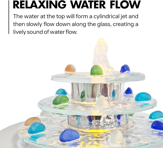Pamopamo Indoor Tabletop Fountain 3-Tier Waterfall, Zen Meditation Fountains with LED Light, Home Desktop Soothing Sound Meditation Relaxing Water Feature for Office Room Table Decoration