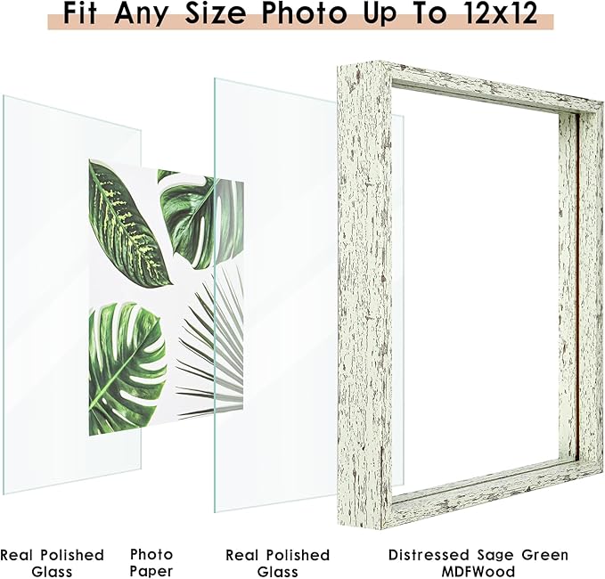 MUYE 12x12 Floating Frame Distressed Sage Green Wood Pattern Double Glass Square Picture Frame Set of 2 Display Any Size Photo up to 12x12,Wall Mount or Tabletop