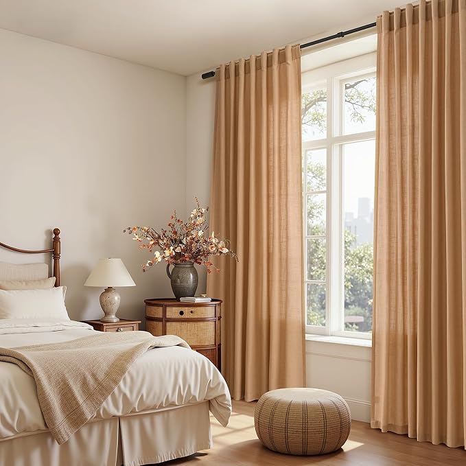 Nanspring Camel Linen Curtains for Living Room 84 inches Long 2 Panels Light Filtering Linen Textured Back Tabs Pocket Curtains Window Treatments Farmhouse Country for Living Room, Camel, W50 x L84