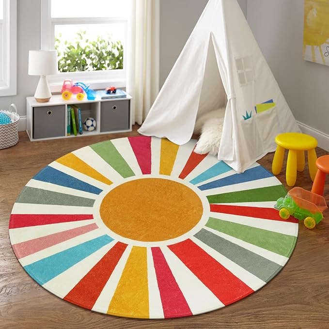 STARUIA Round Boho Rug 6 Ft Washable Round Area Rug for Playroom, Sunshine Circle Rug for Kids Room, Non-Slip Circluar Rainbow Carpet Soft Large Kids Rug for Classroom Dorm Bedroom