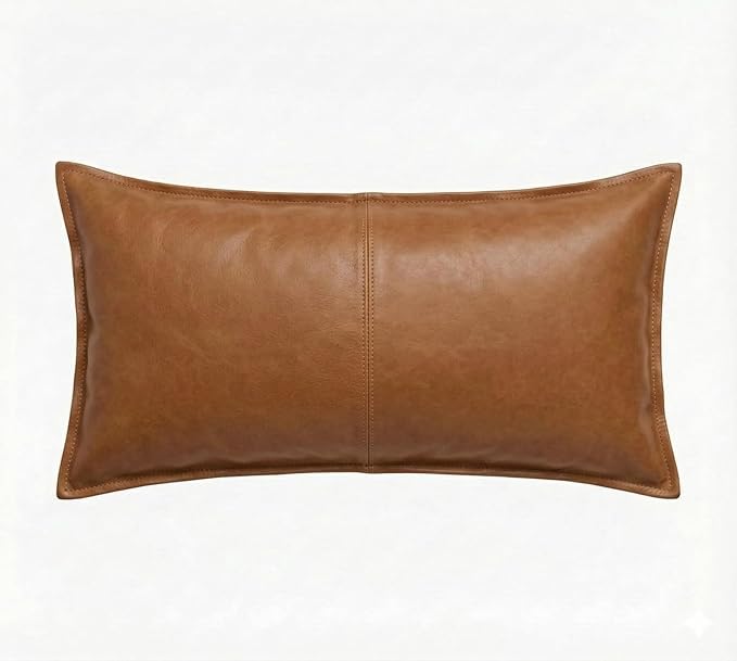 Genuine Leather Pillow Cover Case for Lumbar Throw Couch Pillows - Modern Farmhouse Decorative Sofa Thick & Soft Cushion Covers (Tan, 16" x 24")