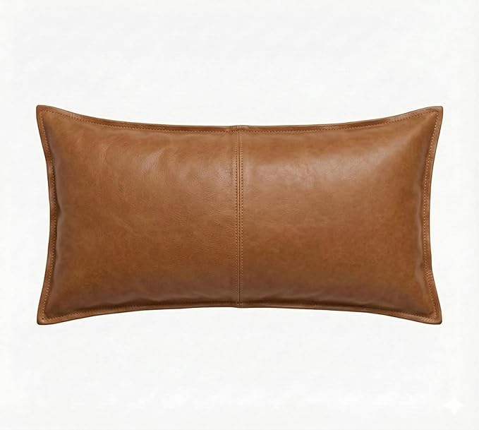 Genuine Leather Pillow Cover Case for Lumbar Throw Couch Pillows - Modern Farmhouse Decorative Sofa Thick & Soft Cushion Covers (Tan, 12" x 20")
