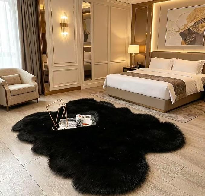 Faux Fur Rug Black Sheepskin Area Rug,Ultra Soft Shaggy Plush Rug Bedroom Living Room Sofa Floor Kids Room Bedside（4 x 6 ft Sheepskin）