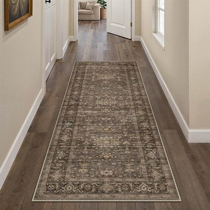 2x5 Washable Runner Rug for Hallway Kitchen Vintage Brown Non Slip Low Pile Carpet Traditional Retro Soft Throw Rug for Bathroom Bedroom Entryway Indoor Entrance