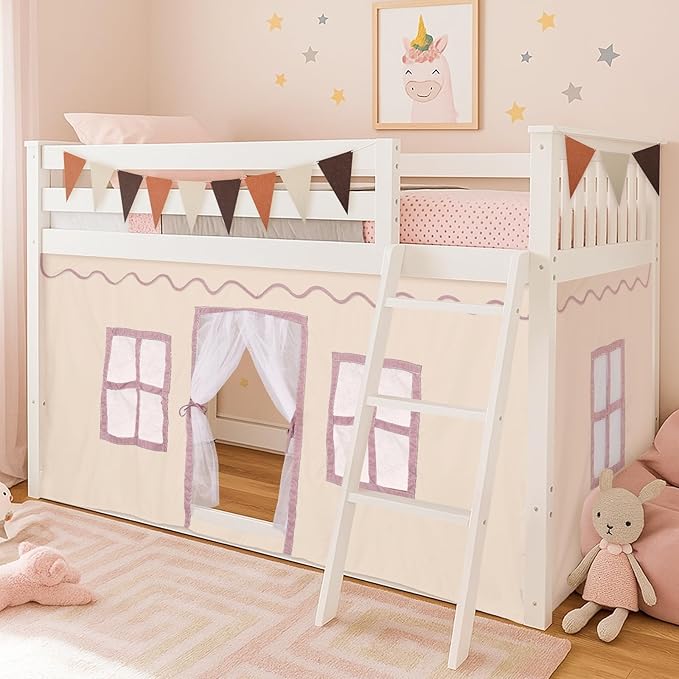Breling 3 Panel Bunk Bed Curtains for Bottom Loft Bed Tent Set with Felt Flag Double-Layer Twin Bunk Curtains Playhouse Accessories for Boy Girl Bedroom(Cream)