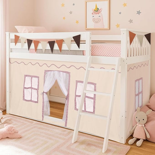 Breling 3 Panel Bunk Bed Curtains for Bottom Loft Bed Tent Set with Felt Flag Double-Layer Twin Bunk Curtains Playhouse Accessories for Boy Girl Bedroom(Cream)