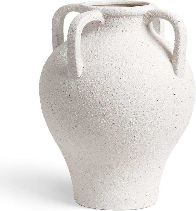 Large White Ceramic Vase - 10.8 Inch Rustic Farmhouse Vase with Handles for Home Decor, Vintage Tall Vases for Living Room, Table, Bathroom, Holiday & Weddings (Rock Sand White)