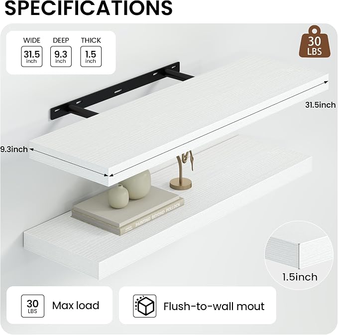 Heimlove 32 Inch Floating Shelves for Wall,White 9.3" Deep Floating Shelf Set of 2,Wall Mounted Shelves for Bathroom Bedroom Living Room Kitchen Office,Shelf for Books Storage Room,Home Decor