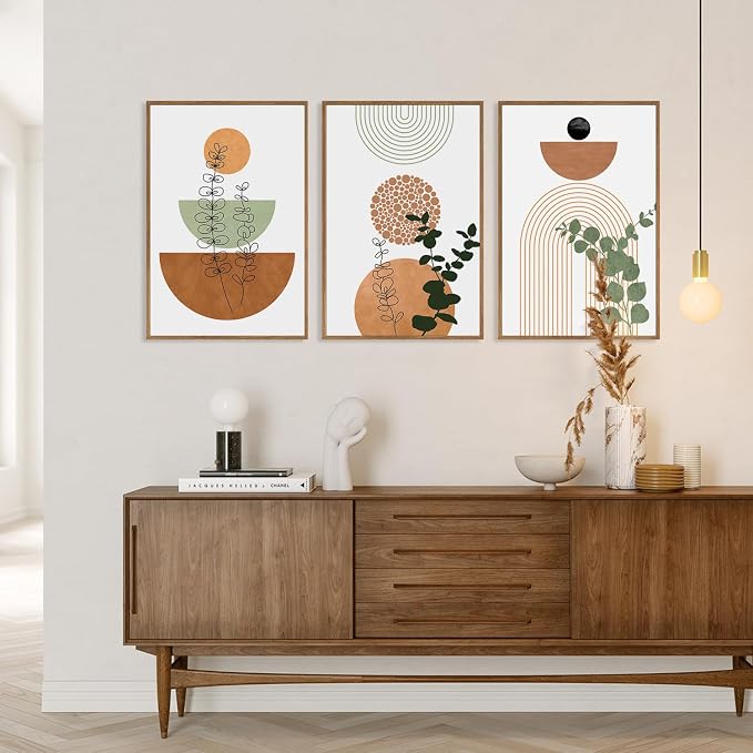 SIKERIC Framed Boho Wall Art Set of 3, (24x36 Inch) Neutral Boho Canvas Wall Art Prints, Mid Century Modern Wall Art Decor, Geometric Bohemian Art Painting for Living Room, Bedroom, Office