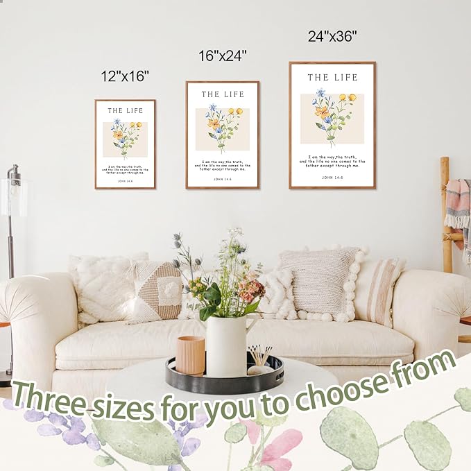CHDITB Christian Bible Verse Framed Wall Art Set, Floral Scripture Canvas Prints, The Way The Truth The Life Religious Painting, Faith Inspirational Decor for Living Room, Bedroom, Church 16"x24"X3