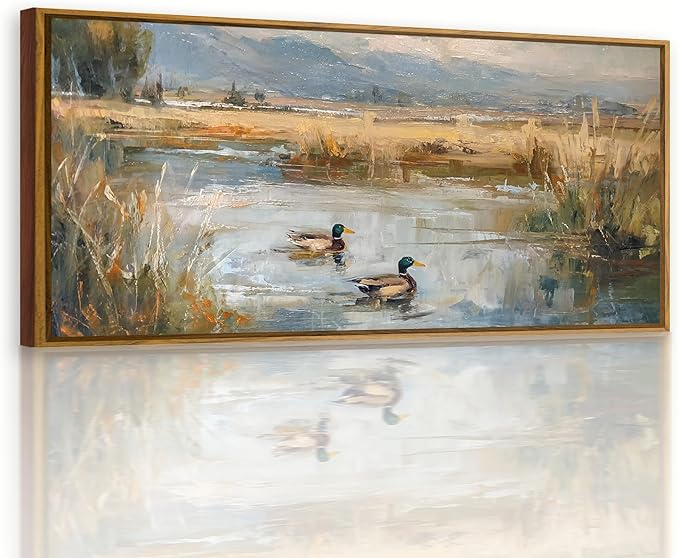 QTUSYUR Mallard Duck Pond Wall Art - Large Farmed Vintage Countryside Art Print -Wildlife Canvas Artwork for Farmhouse Cabin Bird Hunter- Rustic Lake Wild Ducks Wall Picture for Home Decor 20×40 IN