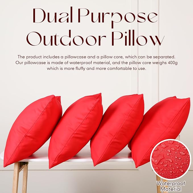 Colingmill 4 Set Waterproof Red Outdoor Throw Pillow Covers with 4 Pillow Inserts 18x18 Inch Decorative Waterproof Throw Cushion for Sofa Couch Home Patio