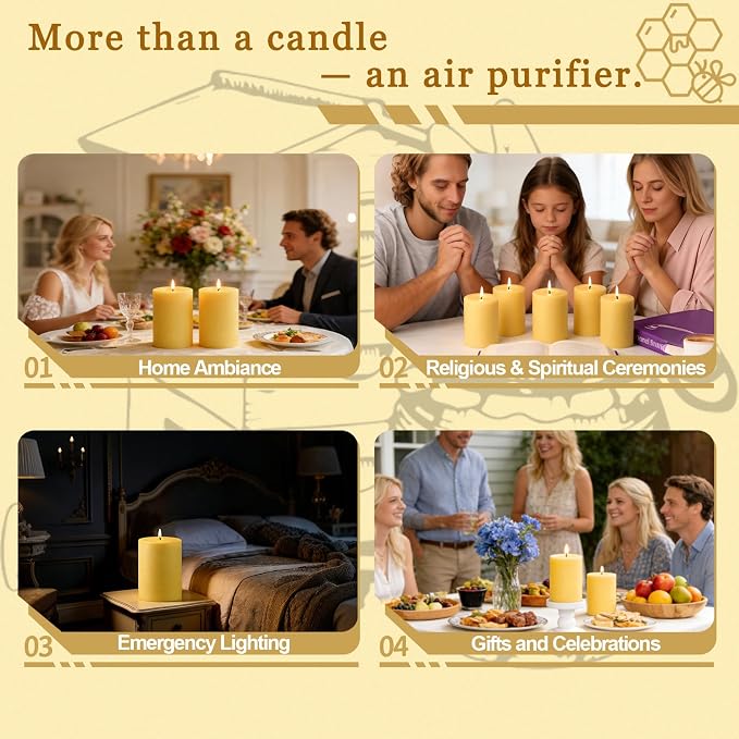 Beeswax Candles Pillar 3x4 Inch, 2 Pack Non Toxic Bees Wax Candle for Home Decor, Large Natural Organic Pillar Candle with 60 Hours Long Burning Time for Emergency, Meditation, Relax