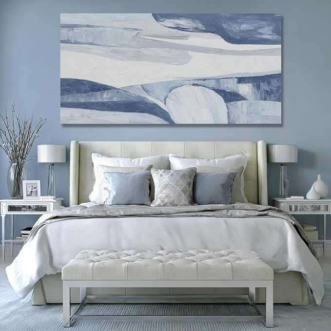 Hue7Art Abstract Blue and White Canvas Wall Art Contemporary Minimalist Landscape Artwork with Flowing Lines for Living Room Bedroom Office Entryway Wall Decor 29x58 Inch