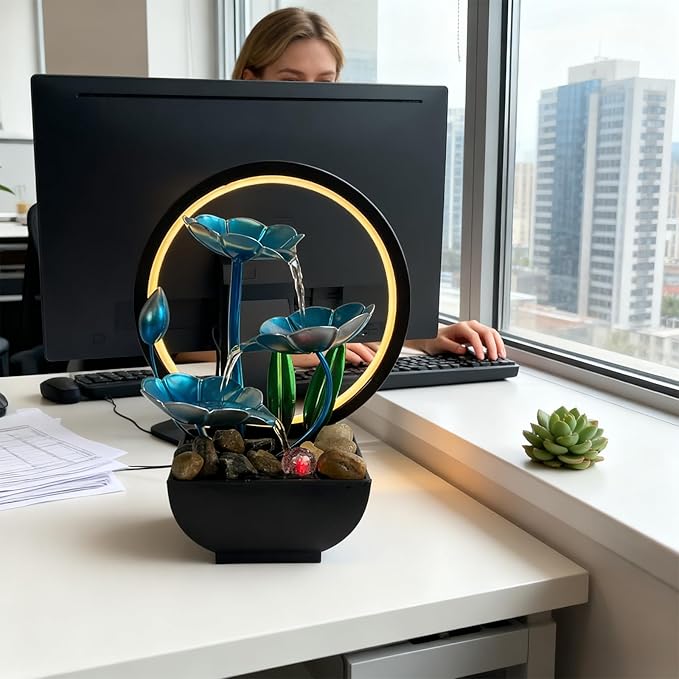 AOZITA Tabletop Fountain, Indoor Waterfall Fountain, Small Home Décor Zen Relaxation Soothing Sound Machine for Office, Living Room, or Bedroom,Blue Metal Lotus with Bud, River Rocks,Round LED