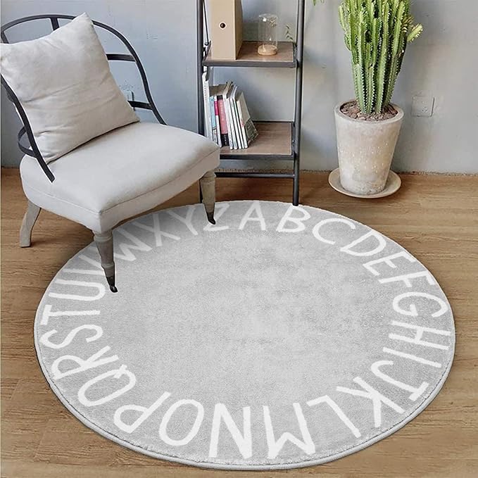 Topotdor Round Kids Play Rug Alphabet Nursery Area Rug Extra Large Soft Crawling Play Mat for Children Toddlers Bedroom (96 inch, Grey)