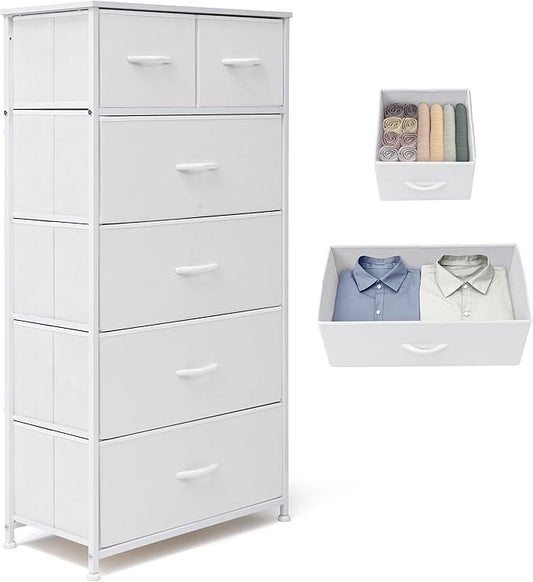 Fabric Dresser for Bedroom, Tall Skinny Dresser with 6 Drawers, Storage Organizer Tower, Steel Frame Wooden Top for Closet, Living Room, Hallway(White)