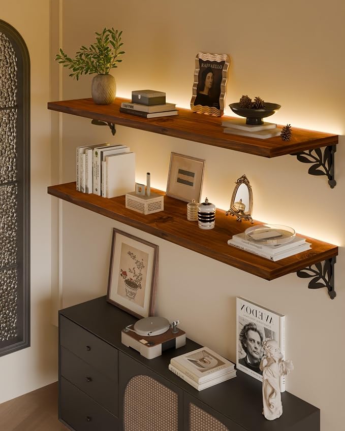 48 Inch 2 Tier Solid Wood Floating Shelves with LED Light, Metal Brackets | 48 inch solid pine shelves, 2 tier, warm LED light, walnut finish, metal brackets for books and decor