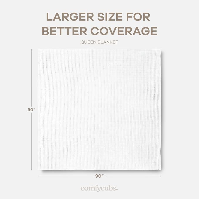 Comfy Cubs Waffle Blanket Queen, 90" x 90" - 100% Cotton Lightweight Breathable Bed Blanket - Soft Textured Thermal Weave for All Seasons – Decorative Cozy Layer for Couch, Sofa, or Bed - White