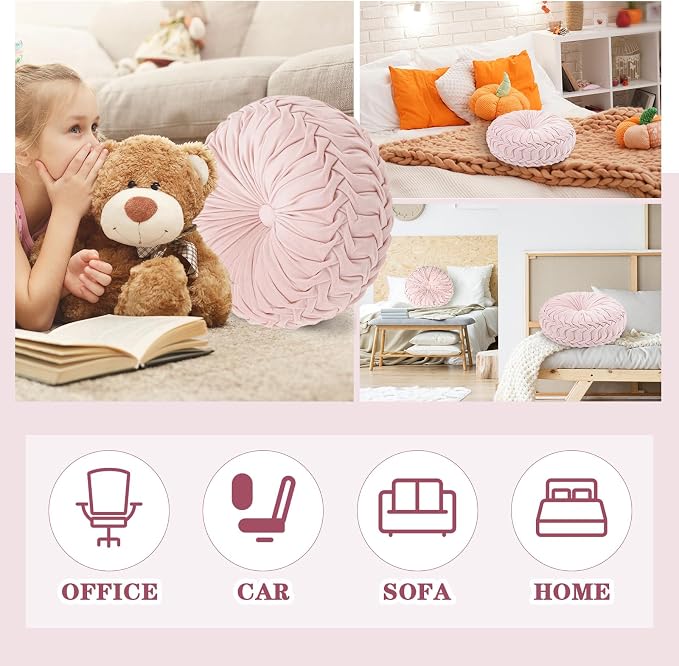 Drydiet 1 Pcs Round Throw Velvet Pillows Decorative Pleated Throw Pillows Diameter Accent Pumpkin Boho Chair Cushion for Couch Sofa Home Decoration (Pink,15'')