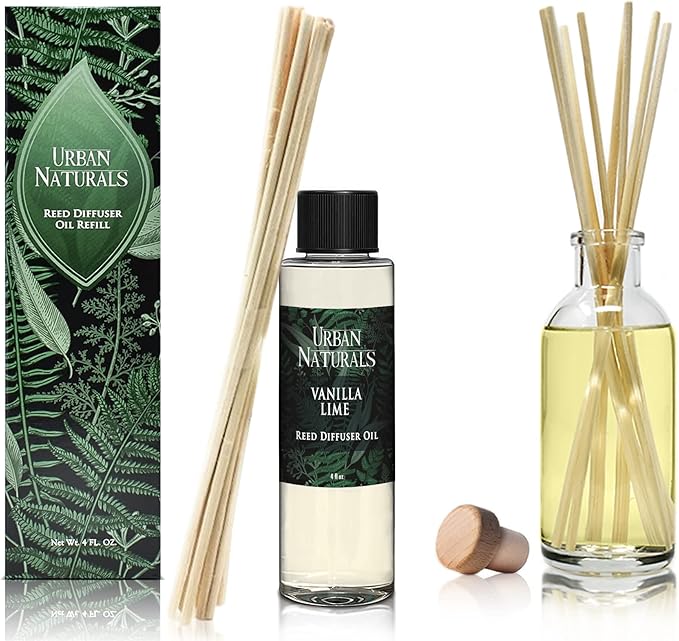 Urban Naturals Reed Diffuser Oil Refill, Vanilla Lime Citrus Essential Oils with Cane Sugar, Lime, Vanilla, 4 oz + Free Reed Sticks, Made in the USA